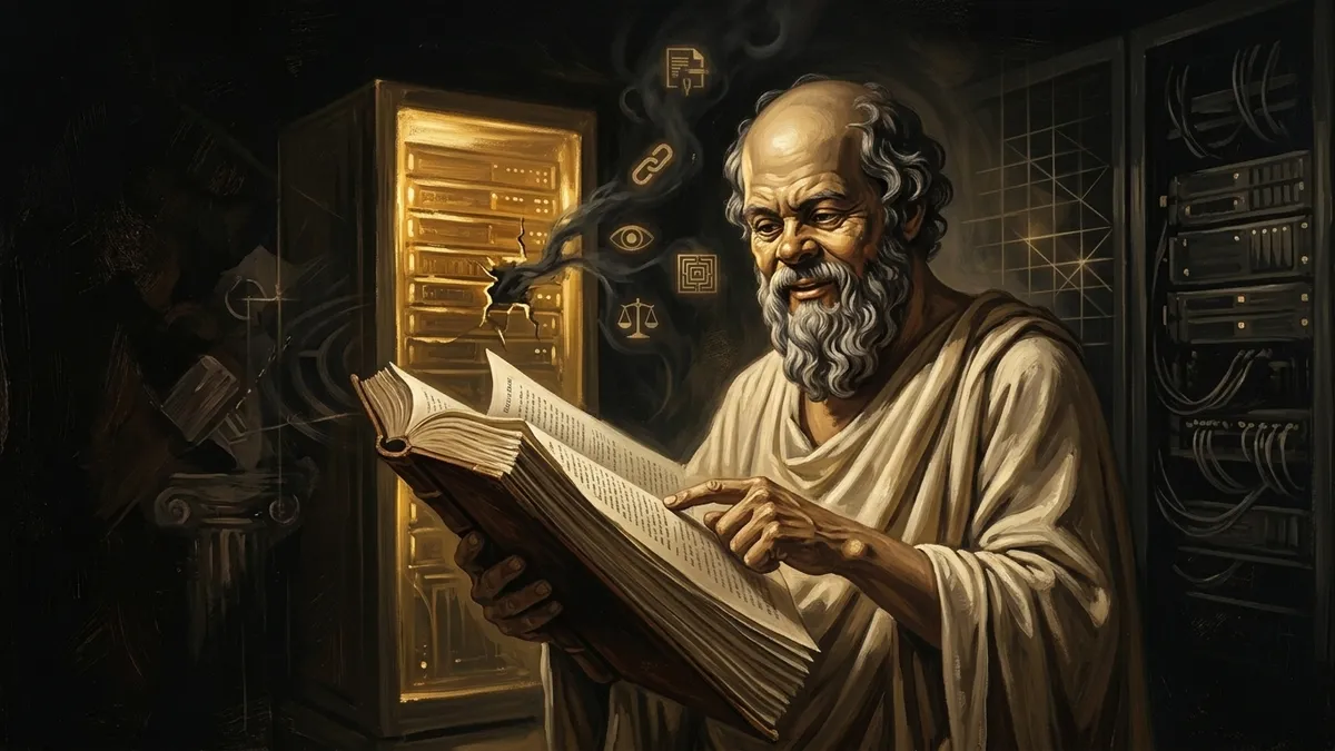 Socrates standing in a server room, holding a thick printed stack of release notes and reading it closely, while behind him a single database server glows and offers up small icons of features he is not looking at. Warm editorial illustration style, burnished gold and brown tones.