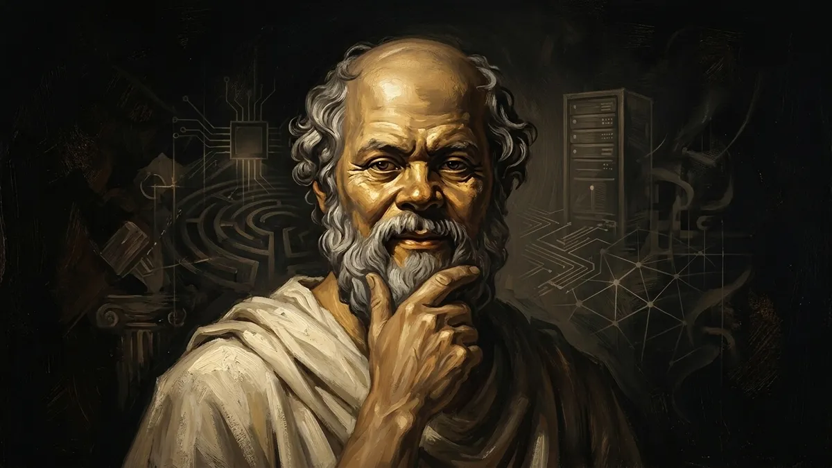 Socrates looking directly at you, hand on chin, with faint circuit patterns dissolving in the darkness behind him