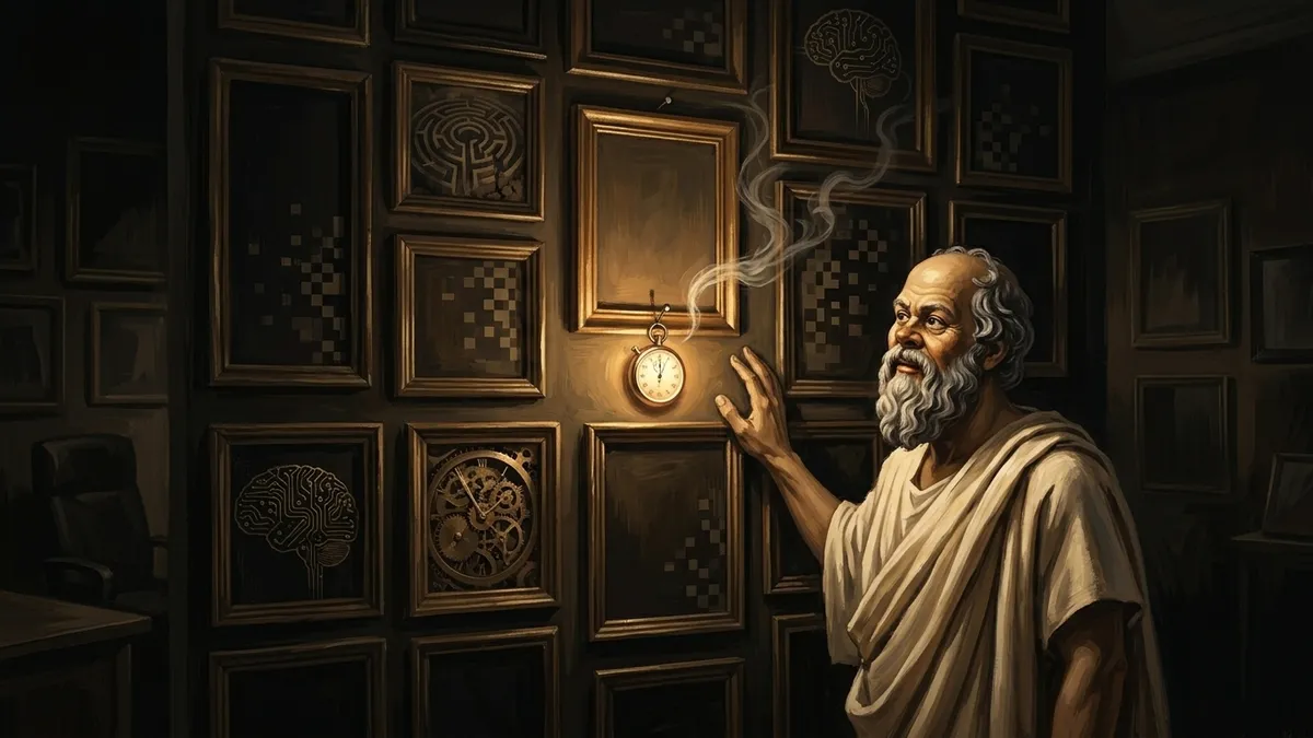 Socrates in a dim office facing a wall of gilded frames, each holding the faint diagram of a skill, a circuit-brain, a maze, a clockwork mechanism, and all of them dark. One frame alone is lit, and it is empty. The light comes from a small glowing stopwatch hanging on the nail beneath it, and he is reaching toward the stopwatch. Warm editorial illustration style, burnished gold and brown tones.