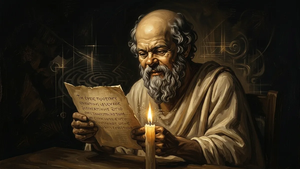Socrates reading a single page by candlelight, focused and intent, with faint tech diagrams in the background