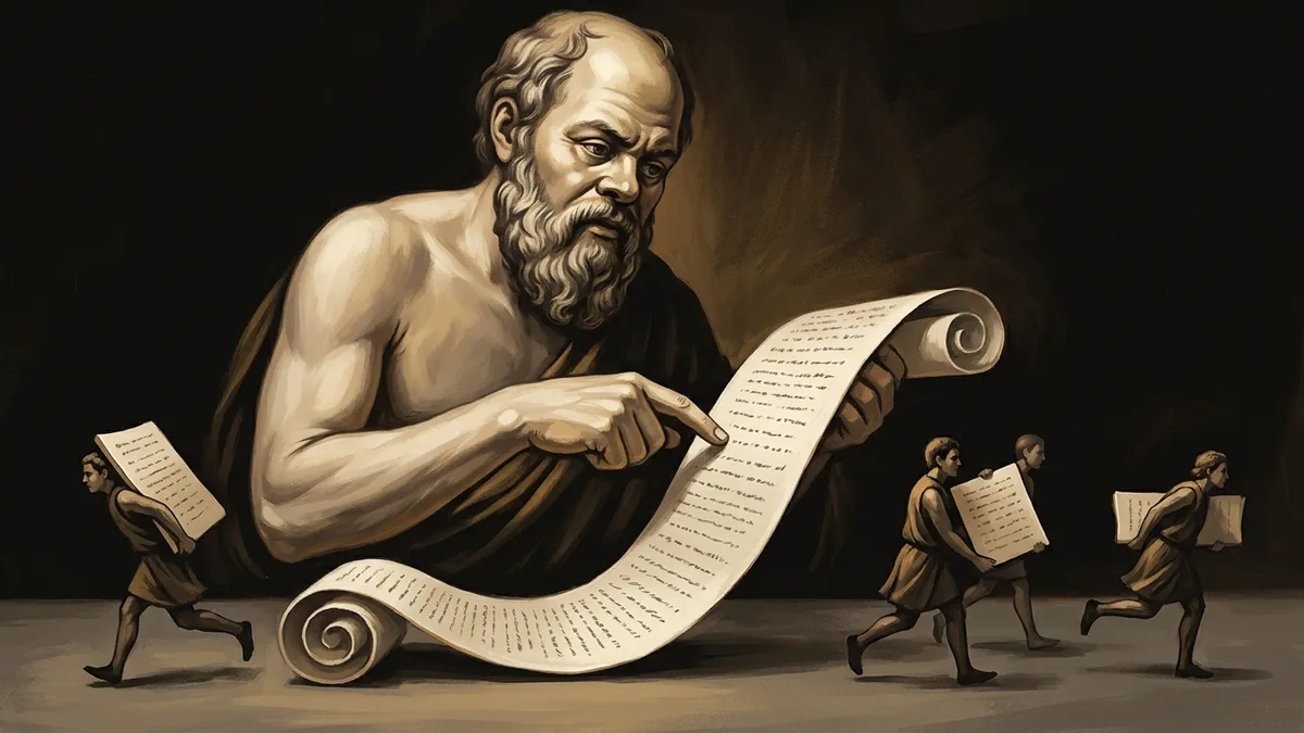 Socrates running a single finger down a long unrolled scroll of text while, beside him, four small figures carry separate pieces of the same load in four different directions at four different speeds. Curious, questioning. Warm editorial illustration, burnished gold and brown tones.
