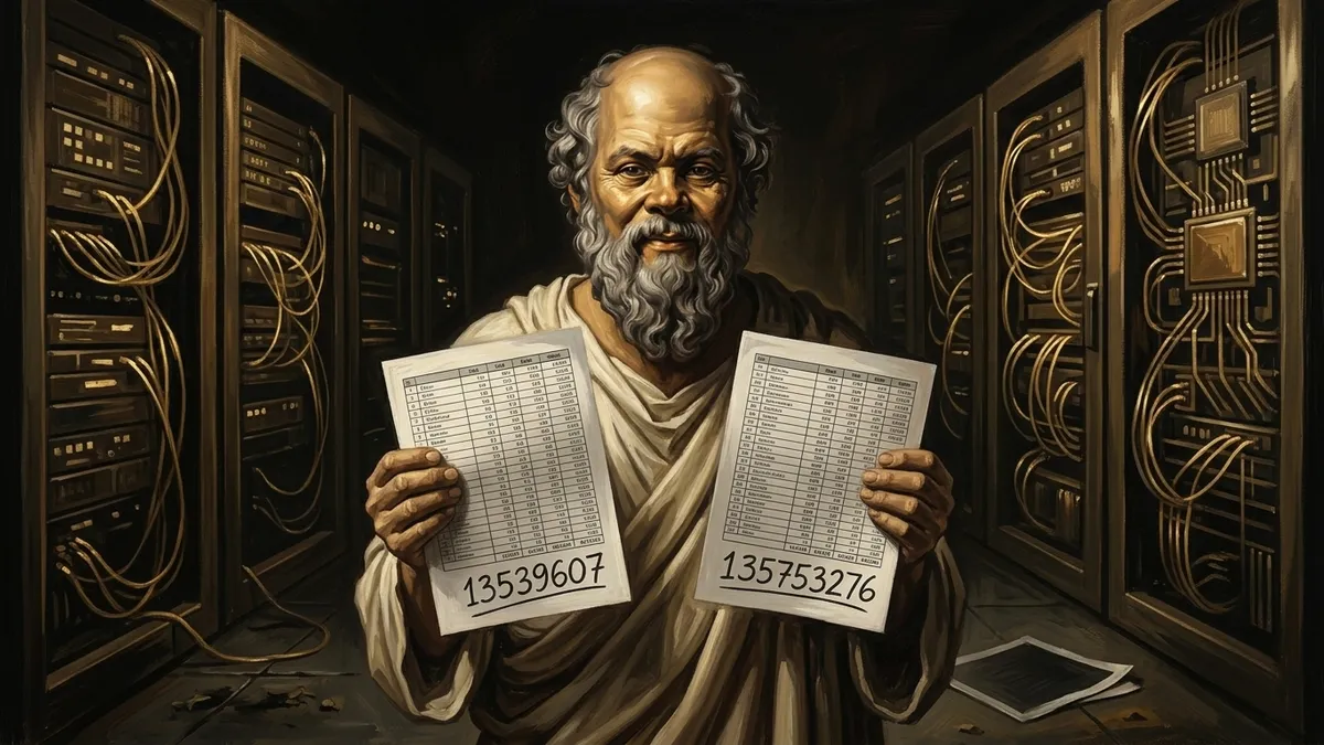 Socrates in a dim server room holding two printed spreadsheets side by side, each ending in a large number, while behind him a third page lies face down on the floor unread. Warm editorial illustration style, burnished gold and brown tones.