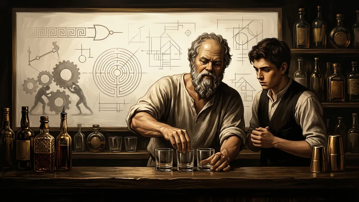 Socrates behind a cocktail bar with sleeves rolled up, calmly lining up three identical glasses in a batch while a young bartender watches, a faint whiteboard of engineering diagrams glowing behind the bottles. Warm editorial illustration style, burnished gold and brown tones.