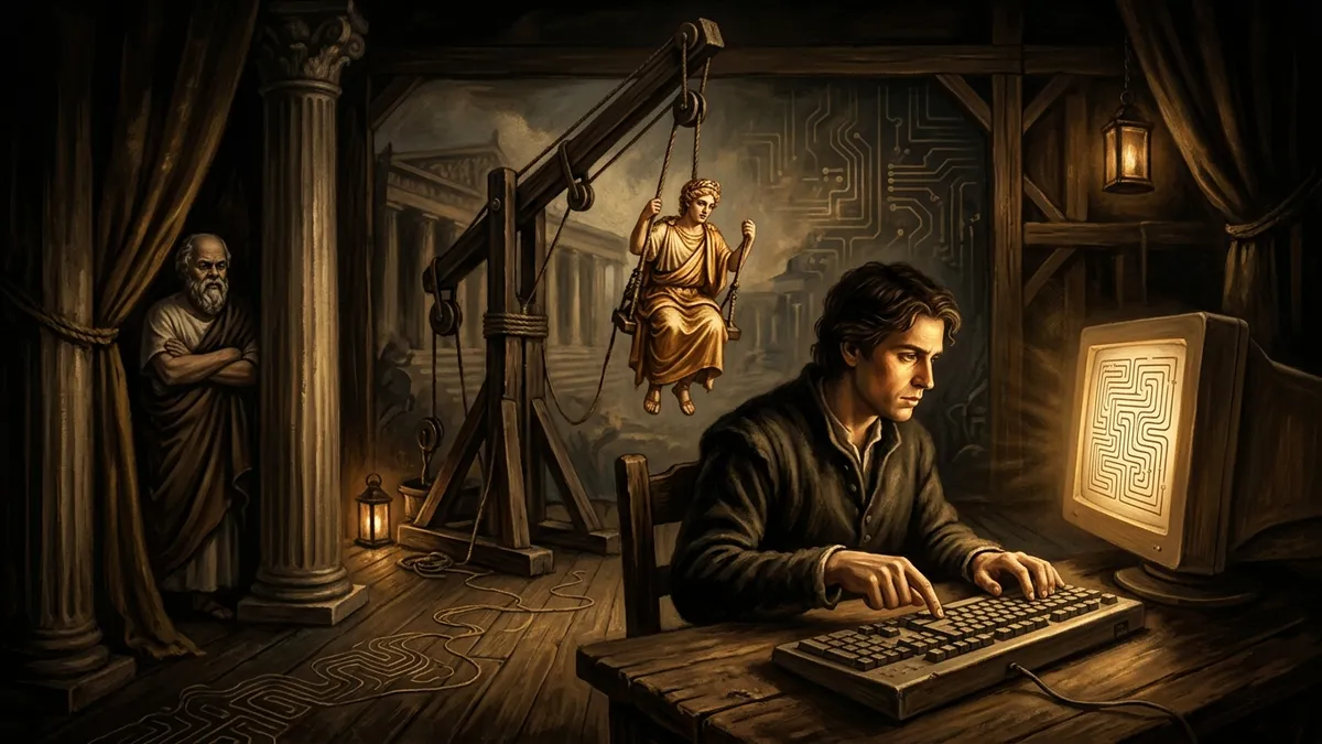 A developer at a glowing screen, one finger resting on a key, while above the stage a small god is lowered on a wooden theatrical crane, the mechane, arriving to resolve the scene. Socrates watches from the wings, unimpressed. Warm editorial illustration, burnished gold and brown tones.