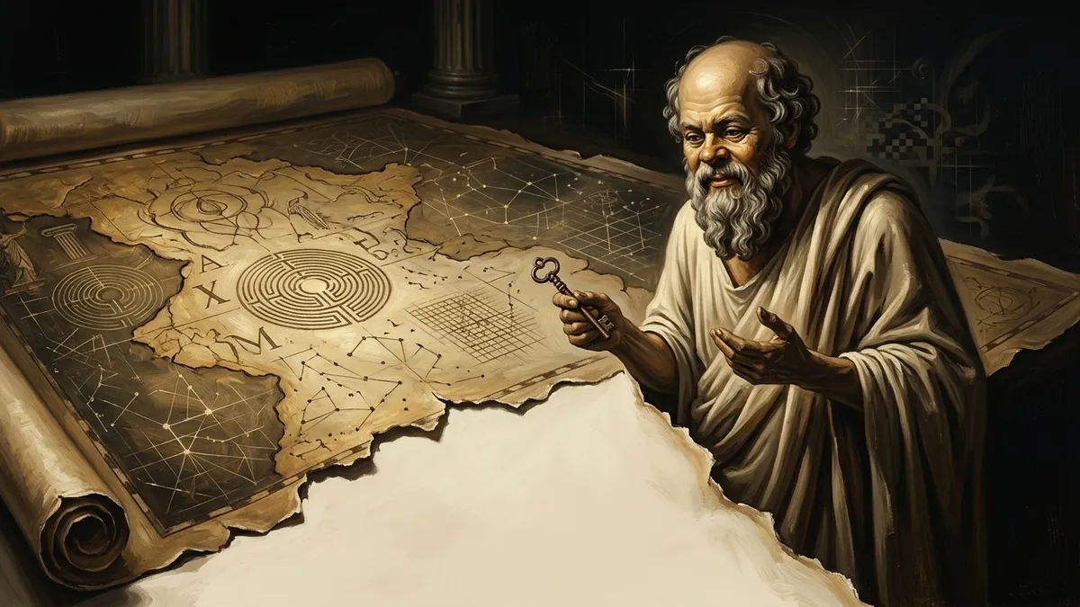 Socrates standing at the torn edge of an enormous unrolled map that covers the floor, peering over the ragged border into blank paper, holding a small key he has nothing to open. Warm editorial illustration style, burnished gold and brown tones.