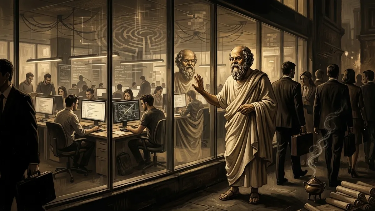 Socrates standing outside a glass-walled office, the aquarium, looking in at developers at their desks while a row of investors files past behind him. He has one hand raised to the glass, uncertain whether he is looking in or being looked at. Warm editorial illustration style, burnished gold and brown tones.