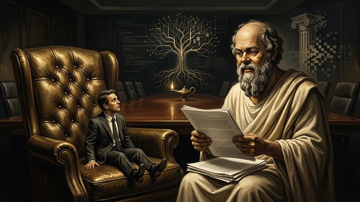 Socrates patiently reading a printed email aloud, like a bedtime story, to a full-grown businessman shrunk to child size who sits swinging his legs in an oversized meeting-room chair, too small to reach the conference table. Warm editorial illustration style, burnished gold and brown tones.