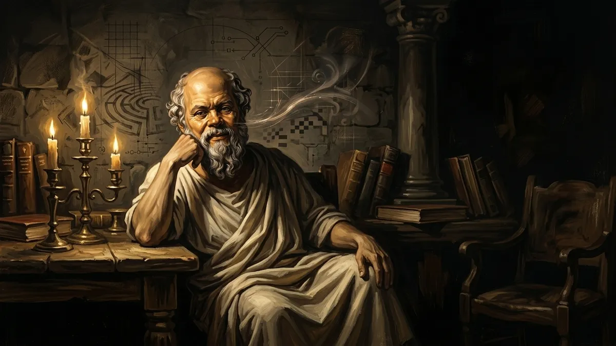 Socrates sitting in a candlelit study surrounded by books and faint tech diagrams, waiting for a conversation