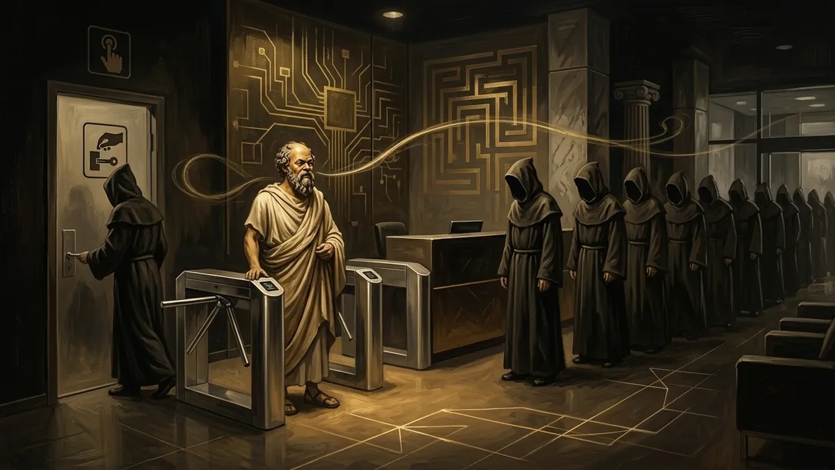 Socrates standing at an office reception desk beside a badge gate, watching a long line of identical hooded figures stream past him through a side door marked install. Warm editorial illustration style, burnished gold and brown tones.