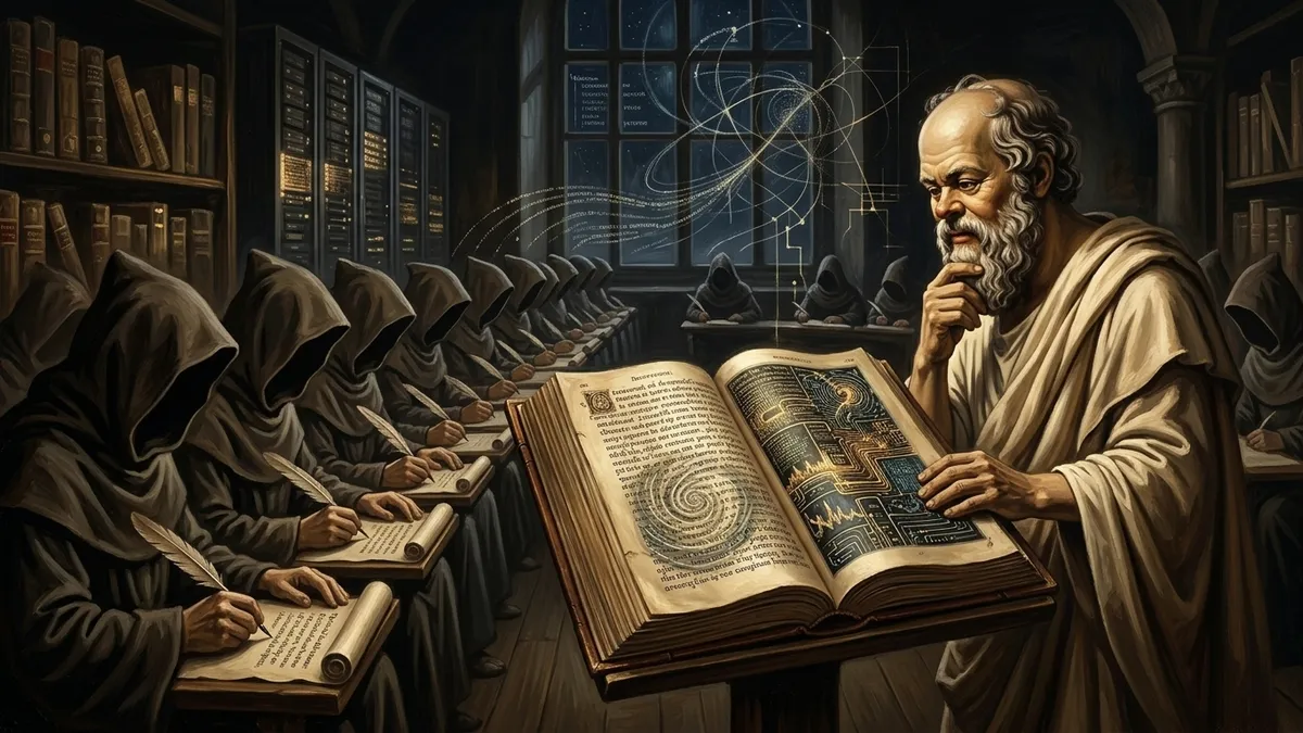 Socrates in a scriptorium, standing beside a long row of monks all copying from one single book on a central lectern. He is looking at the one book, not at the row. Warm editorial illustration style, burnished gold and brown tones.