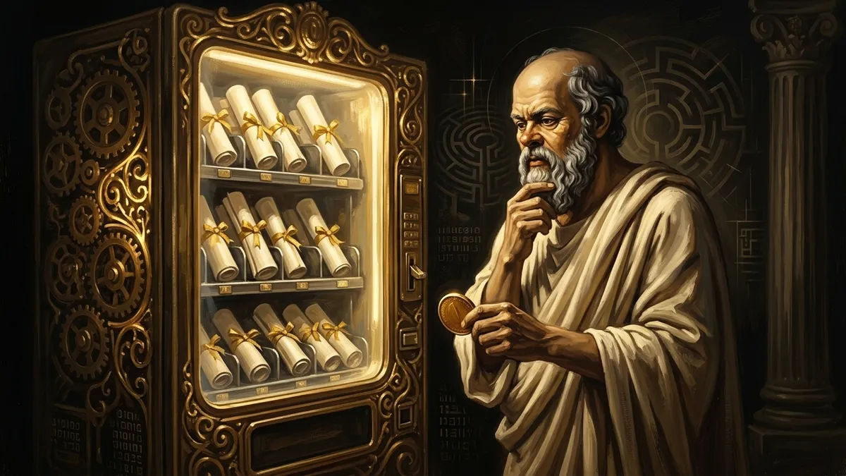 Socrates standing in front of a glowing vending machine that dispenses rolled-up certificates and diplomas. He holds a coin in one hand, hesitating. The machine is bright and confident. His face shows doubt. Warm editorial illustration style, burnished gold and brown tones.