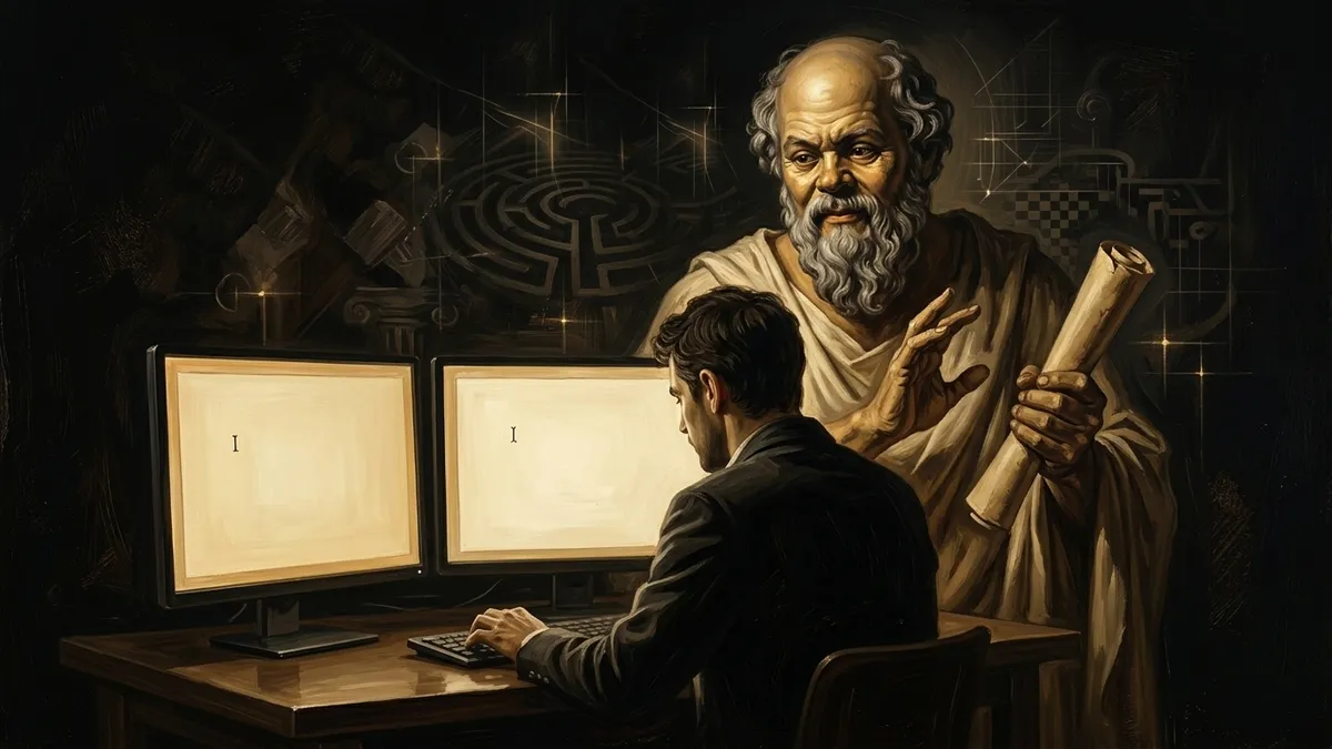 A writer at a modern desk with two screens open, both showing blinking cursors. Behind the writer, the faint outline of Socrates standing in a draped robe, holding a scroll he refuses to hand over. Warm editorial illustration, burnished gold and brown tones.
