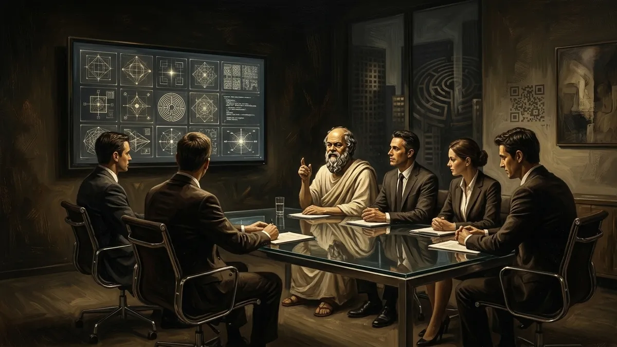 Socrates in a corporate meeting room, raising his hand to ask a question while everyone else nods in agreement