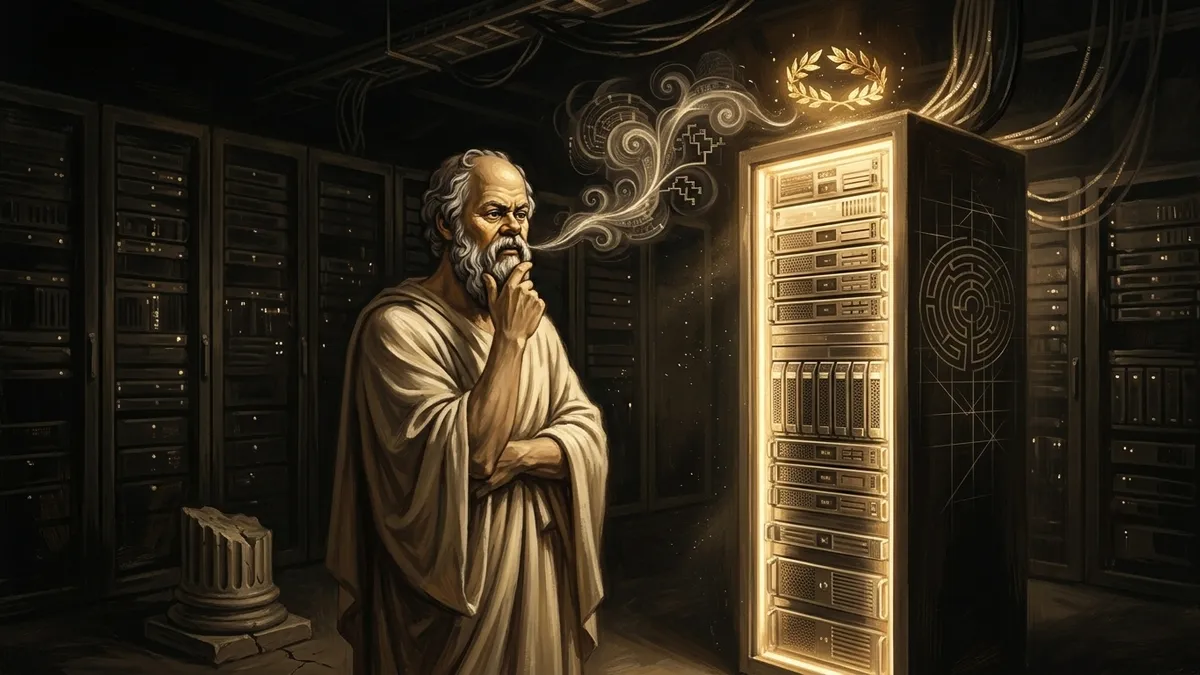 Socrates standing in a modern server room, looking at a single glowing rack with a golden crown hovering above it. Other racks are dark and neglected. He has his hand on his chin, questioning.