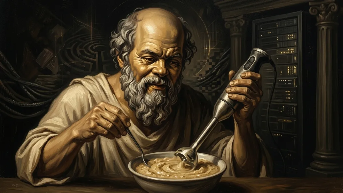 A hand holding a minipimer over a bowl of baby food, blade barely spinning. In the background, blurred, a server rack with blinking lights. Warm editorial illustration style, burnished gold and brown tones.