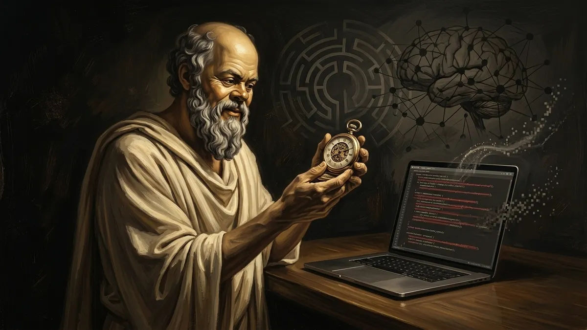 Socrates standing at a modern desk where a vintage pocket watch and an open laptop sit side by side. He holds the watch up to the light, examining the inscription on its back, while the laptop screen shows code marked for deletion. Warm editorial illustration style, burnished gold and brown tones.