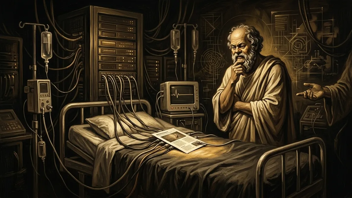 A single printed brochure lying on a hospital bed, hooked by cables to a humming server rack and a beeping monitor, kept expensively alive though it is only a sheet of paper that needs nothing. Socrates stands at the bedside, hand on chin, questioning. Warm editorial illustration style, burnished gold and brown tones.