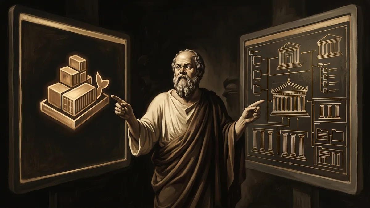 Two side-by-side terminal screens. One shows a single docker run command. The other shows a Terraform configuration with neatly organized files. Socrates stands between them, pointing at both. Warm editorial illustration style, burnished gold and brown tones.