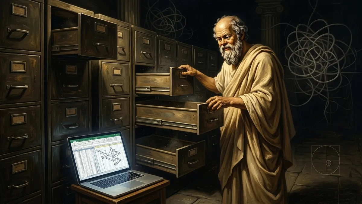 Socrates pulling open a long row of filing cabinet drawers, every one of them empty, while on the floor beside him a single laptop glows with a sprawling, many-tabbed spreadsheet, the only thing in the room holding anything. Warm editorial illustration style, burnished gold and brown tones.