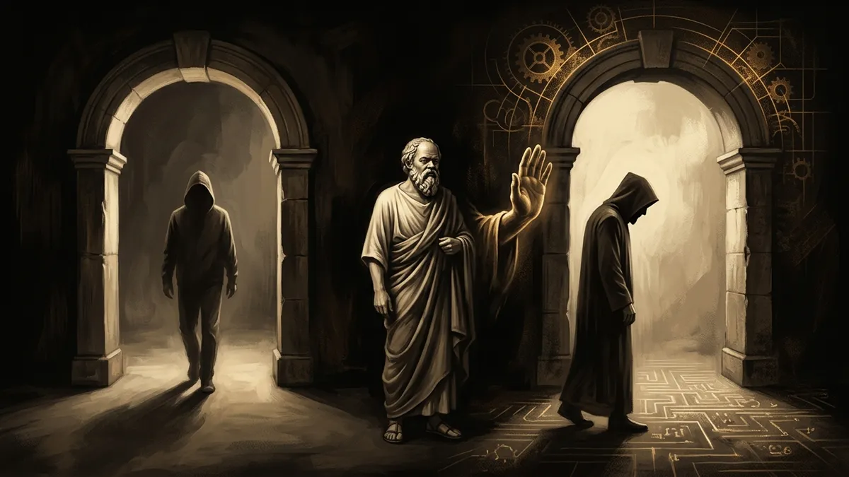 Socrates standing between two doorways. At one, a hooded figure walks straight through unchecked. At the other, an identical figure is stopped by a raised hand and made to wait. Warm editorial illustration style, burnished gold and brown tones.