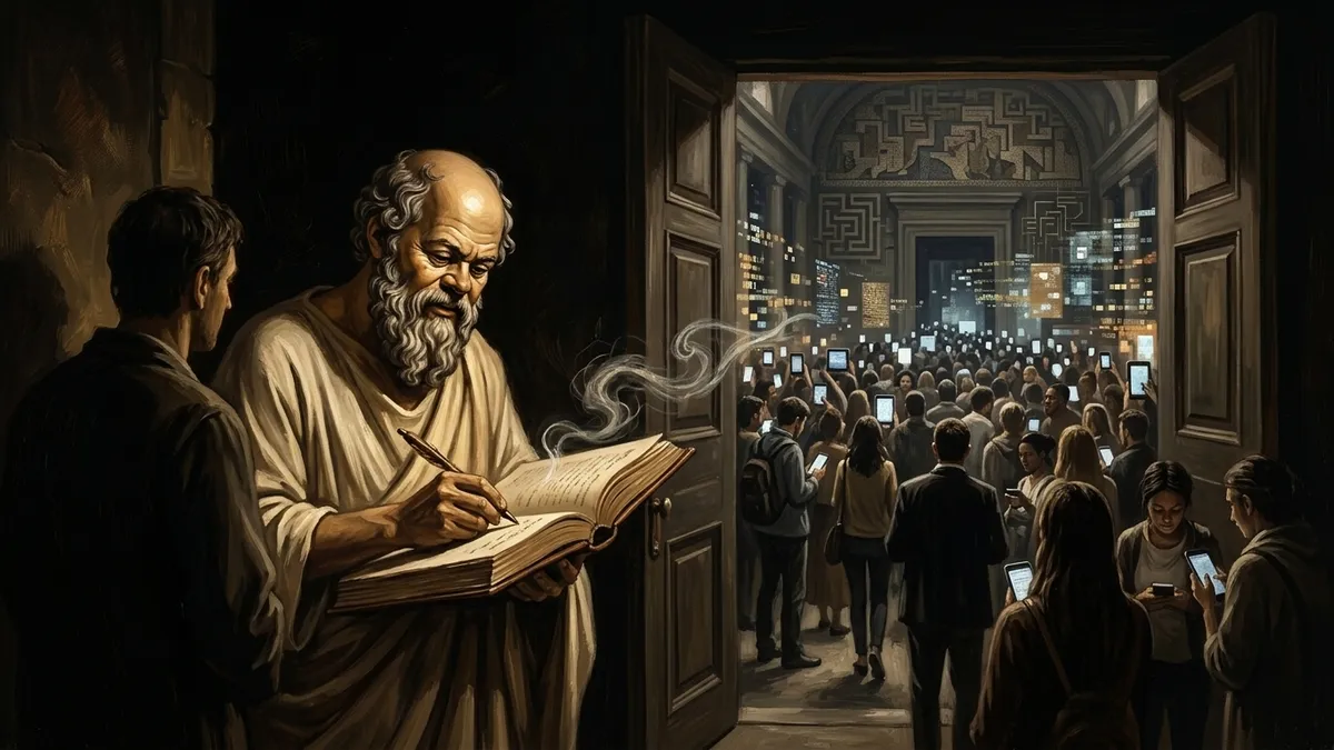 Socrates standing at a doorway with an open ledger and a pen, carefully checking in a single visitor, while behind him the hall is already full of people who came in through a door nobody is watching. Warm editorial illustration, burnished gold and brown tones.
