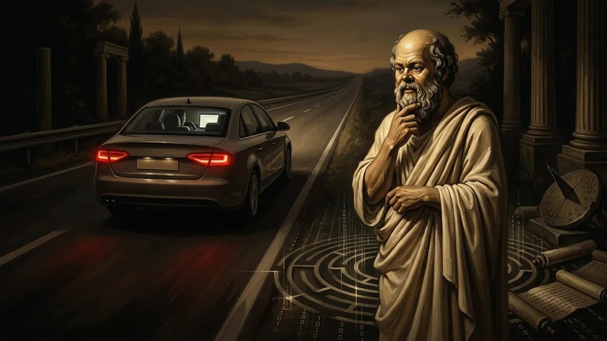 Socrates standing at the roadside at dusk, watching a car recede down a long highway with an empty driver's seat and a softly glowing laptop buckled in the front, its red brake lights fading. Curious and questioning. Warm editorial illustration, burnished gold and brown tones.