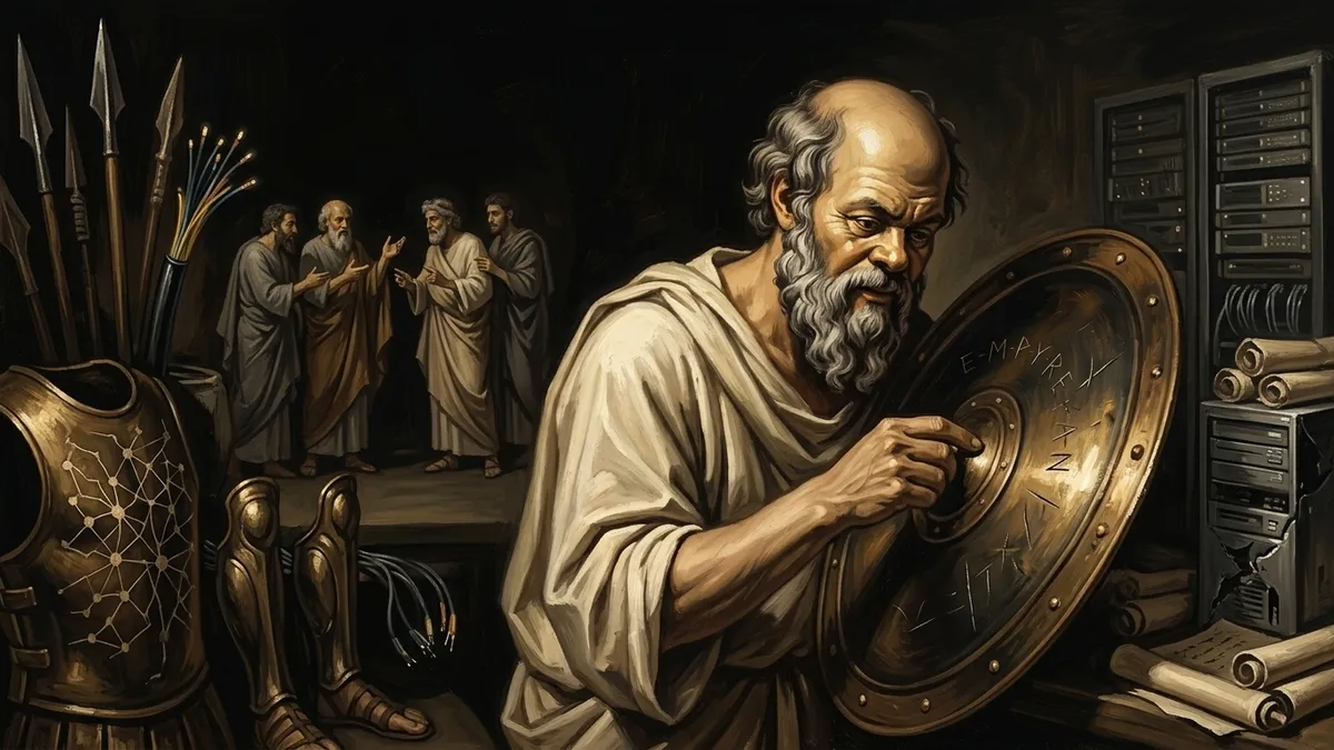 Socrates alone in a dim armoury, turning a battered bronze shield over to study its inner face, looking for a name scratched into it. Behind him a group of figures gestures admiringly toward the same shield from across the room, none of them close enough to touch it. Warm editorial illustration style, burnished bronze and deep brown tones.