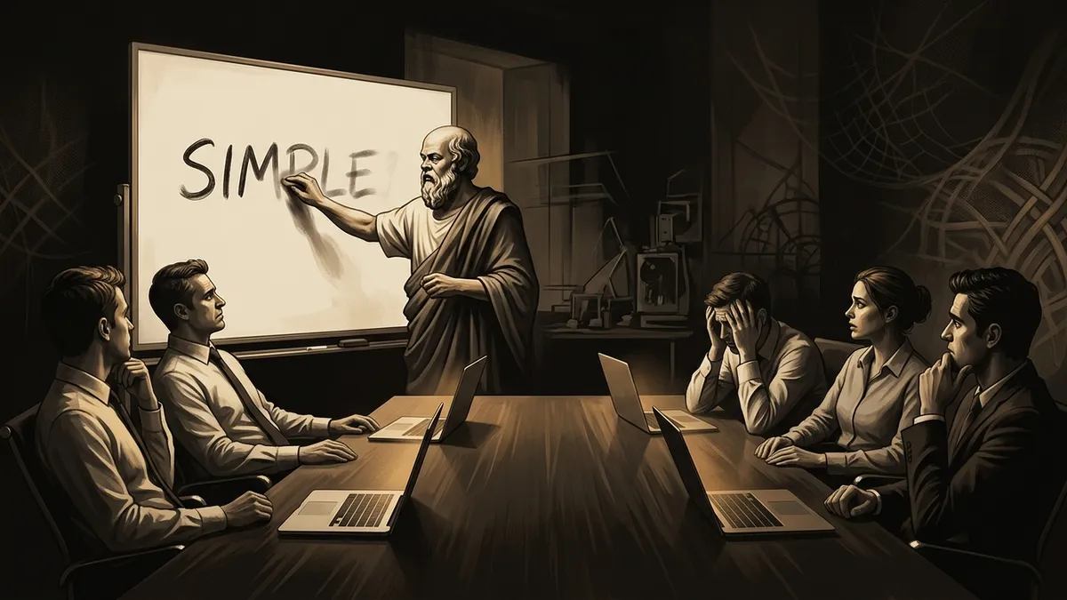 Socrates standing at a whiteboard in a modern meeting room, erasing the word 'SIMPLE' while engineers around the table look uncomfortable. Warm editorial illustration style, burnished gold and brown tones.