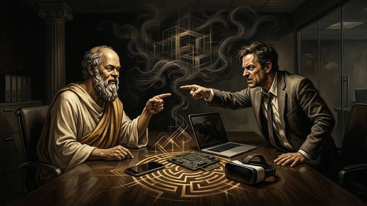 Socrates sitting across a table from a frustrated professional in a modern office. The professional is pointing at someone off-screen. Socrates is pointing back at the professional. Warm editorial illustration style, burnished gold and brown tones.